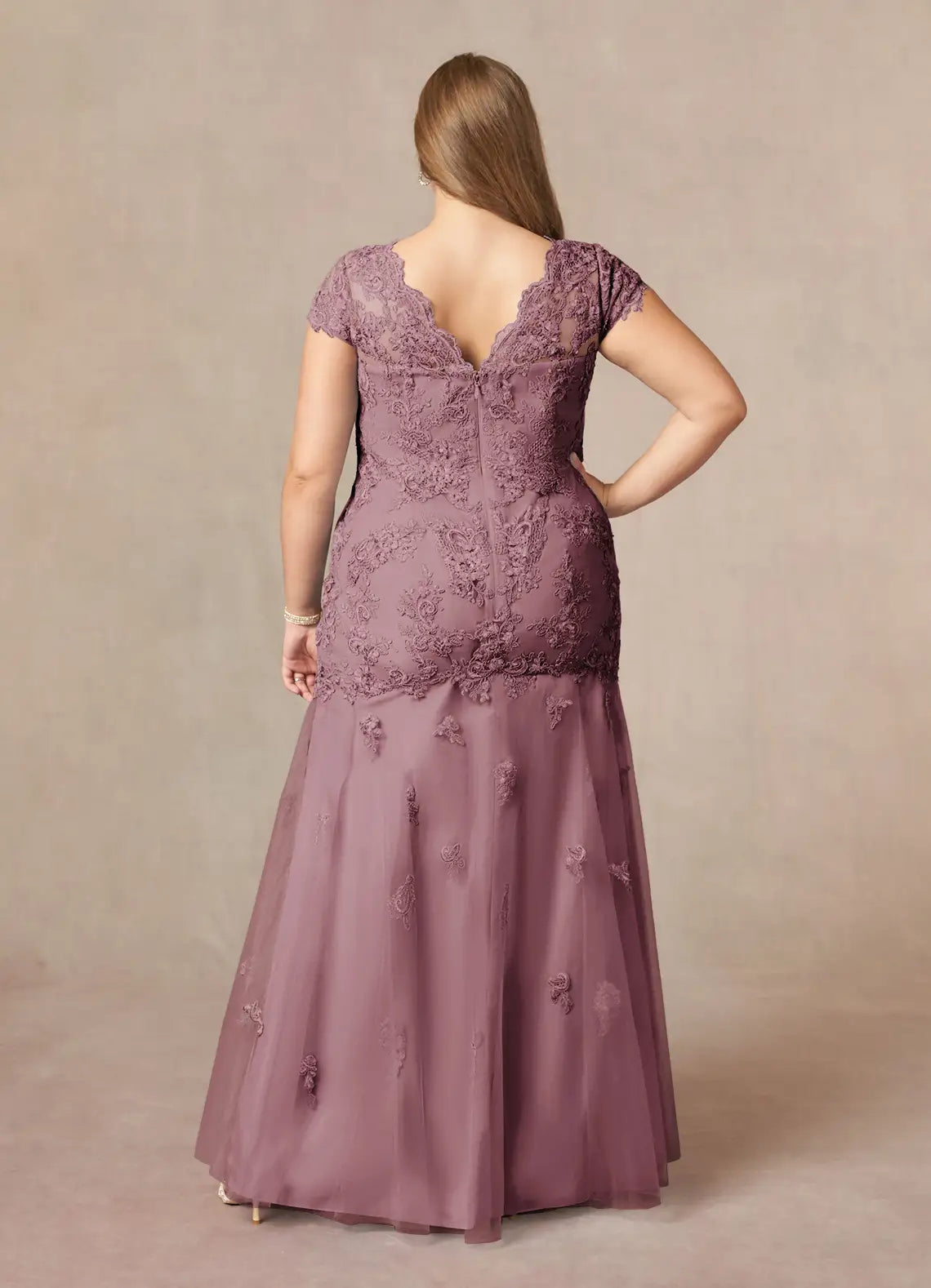 Mermaid V-Neck Cap Sleeves Back Zip Floor-Length Plus Size Mother of the Bride Dress