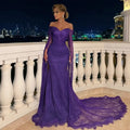 Off the Shoulder Long Sleeve Mermaid Pleated Sweep Train Evening Dress