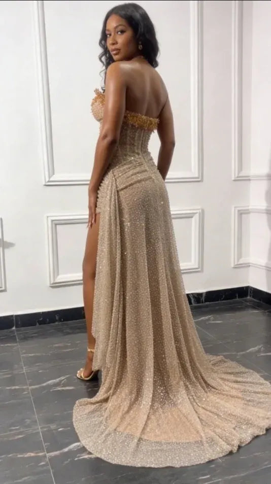 Gold Strapless Sleeveless Champagne Prom Dress Mermaid Sequins Beaded Long Evening Gown