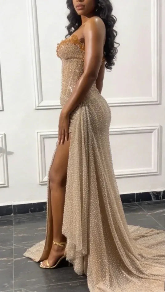 Gold Strapless Sleeveless Champagne Prom Dress Mermaid Sequins Beaded Long Evening Gown