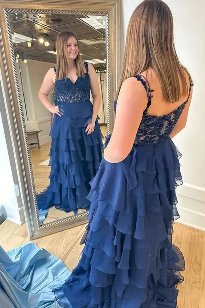 V Neck Sleeveless Empire A-Line Tiered Long Prom Dress
