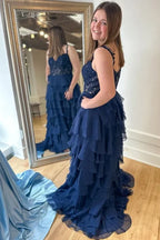 V Neck Sleeveless Empire A-Line Tiered Long Prom Dress
