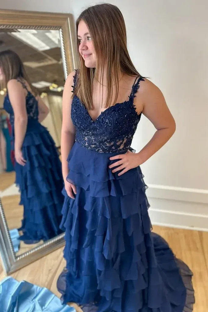 V Neck Sleeveless Empire A-Line Tiered Long Prom Dress