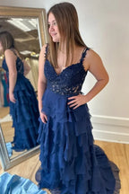 V Neck Sleeveless Empire A-Line Tiered Long Prom Dress