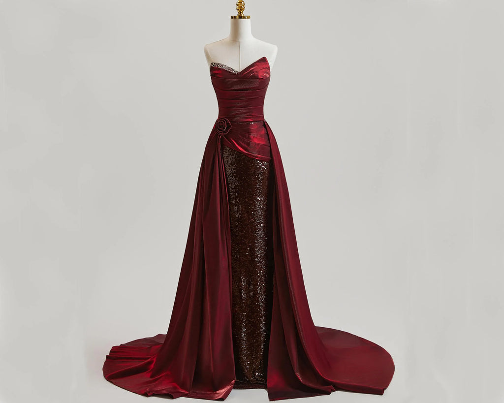 Gorgeous Prom Dress Burgundy A Line Strapless With Ruched Satin Sequins And Train For Teens