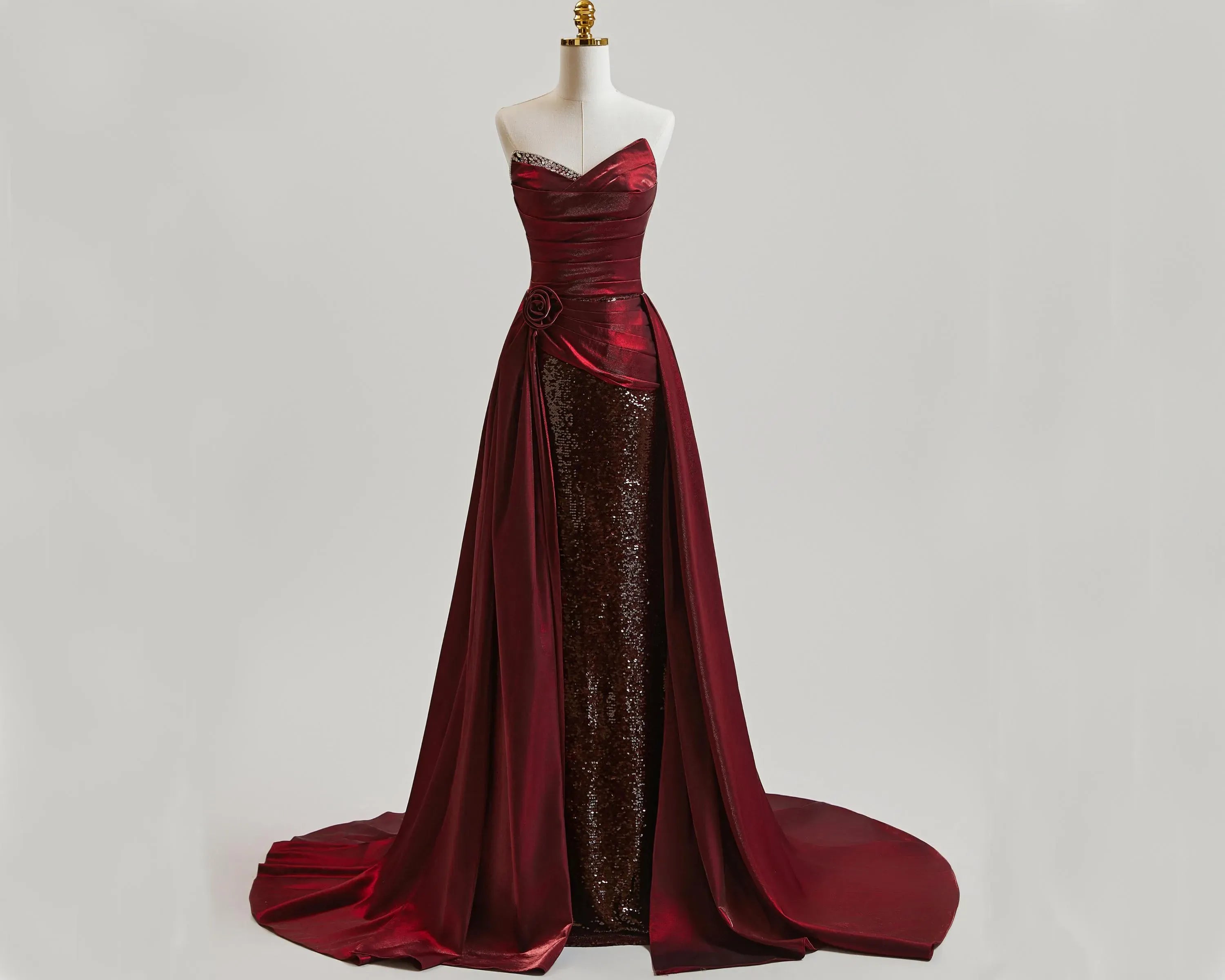 Gorgeous Prom Dress Burgundy A Line Strapless With Ruched Satin Sequins And Train For Teens