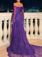 Off the Shoulder Long Sleeve Mermaid Pleated Sweep Train Evening Dress