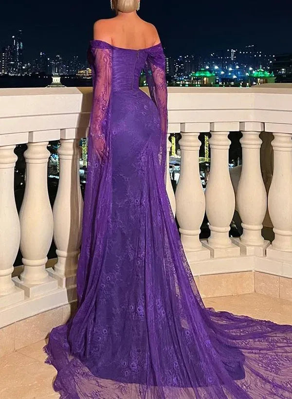 Off the Shoulder Long Sleeve Mermaid Pleated Sweep Train Evening Dress