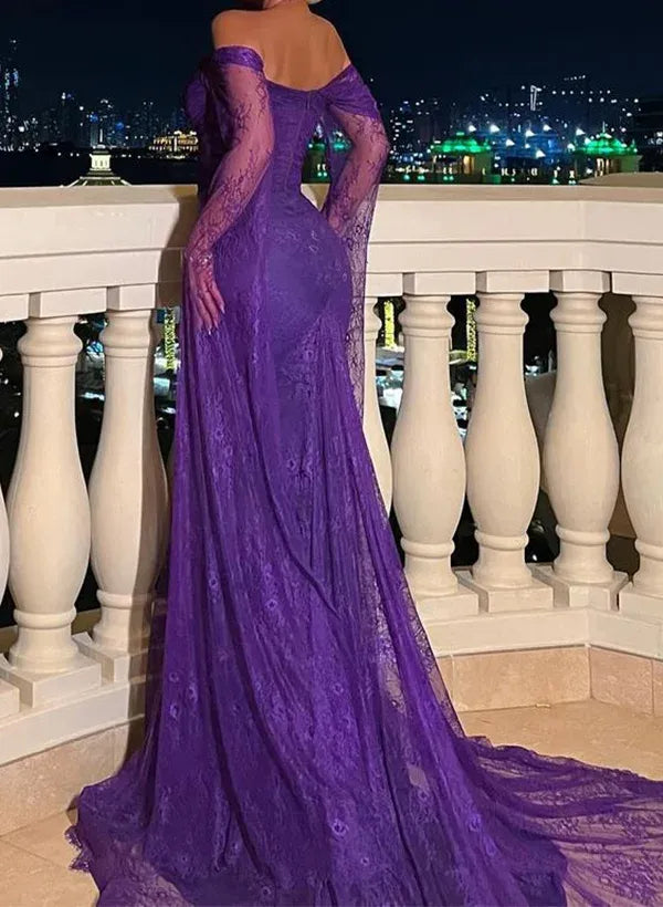 Off the Shoulder Long Sleeve Mermaid Pleated Sweep Train Evening Dress