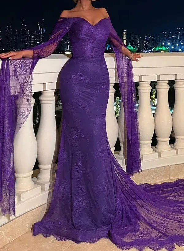 Off the Shoulder Long Sleeve Mermaid Pleated Sweep Train Evening Dress