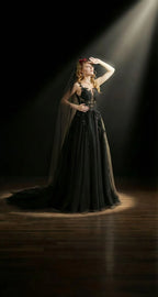 Gothic Ballgown Wedding Dress For Bold Modern Brides Spaghetti Strap Lace Appliques Sheer Bodice