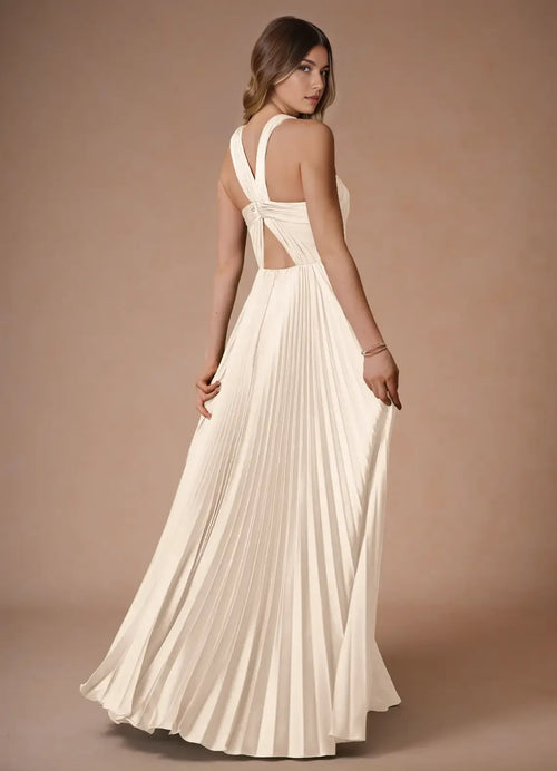 Robe de bal élégante pour femme, coupe trapèze, dos nu licou, sans manches, torsadé dans le dos, longueur ras du sol