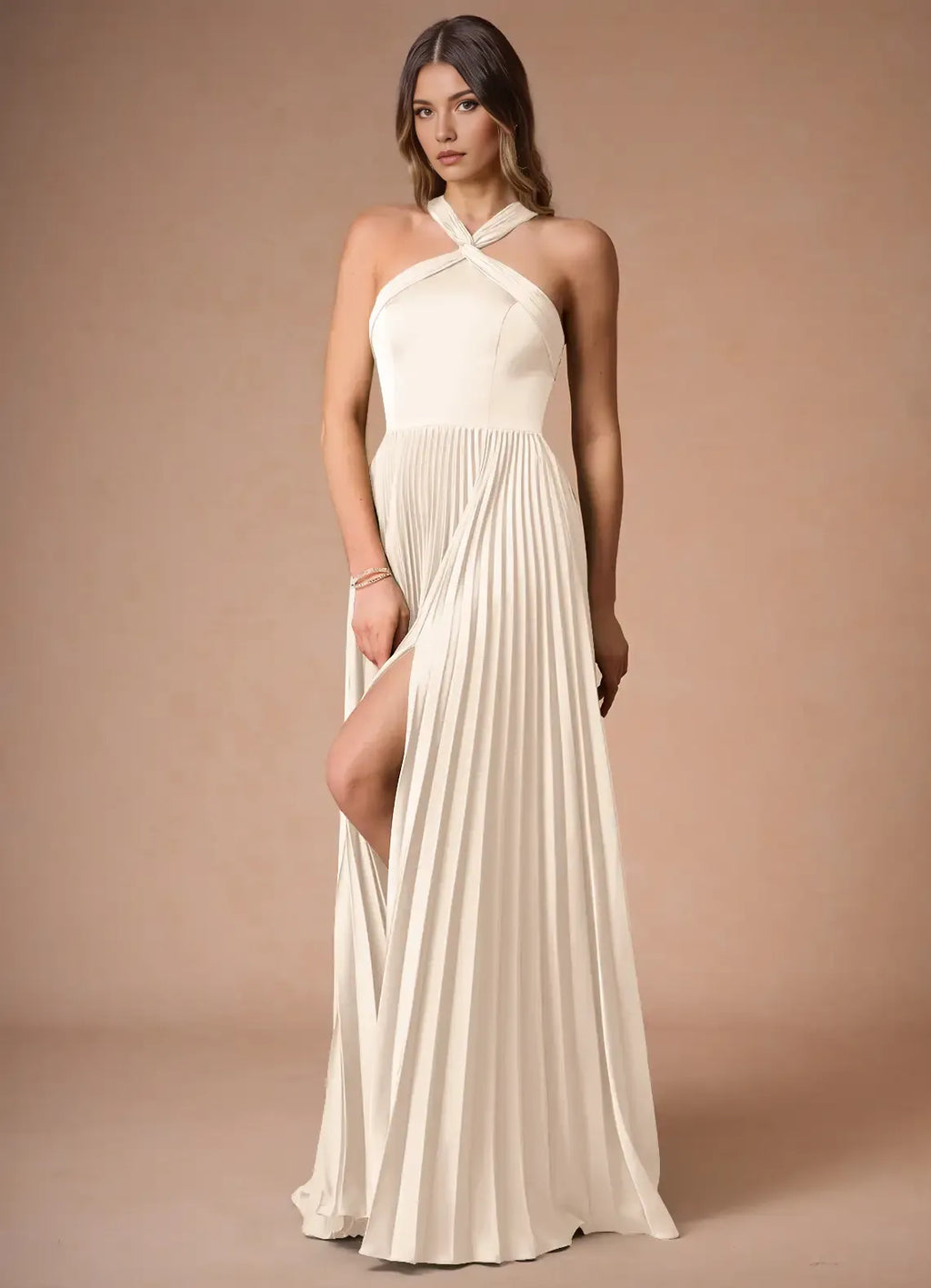 Graceful A Line Halter Neck Sleeveless Twist Back Floor Length For Women Prom Dress