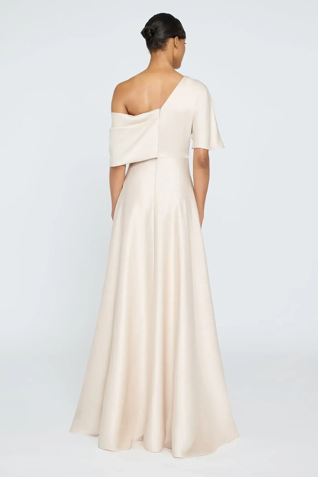 Graceful A Line One Shoulder Short Sleeve Draped Back Floor Length Evening Dress