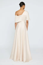 Graceful A Line One Shoulder Short Sleeve Draped Back Floor Length Evening Dress