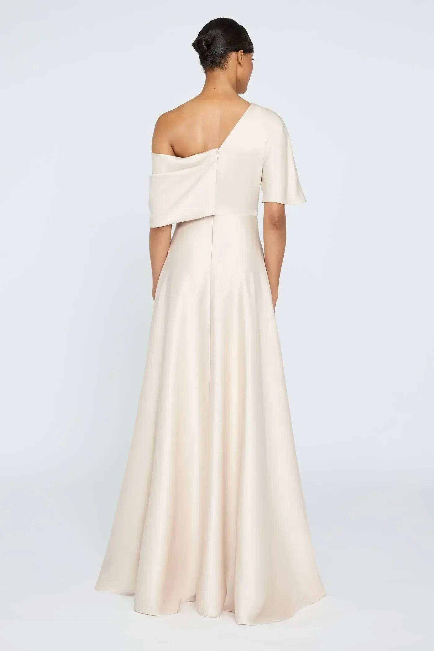 Graceful A Line One Shoulder Short Sleeve Draped Back Floor Length Evening Dress