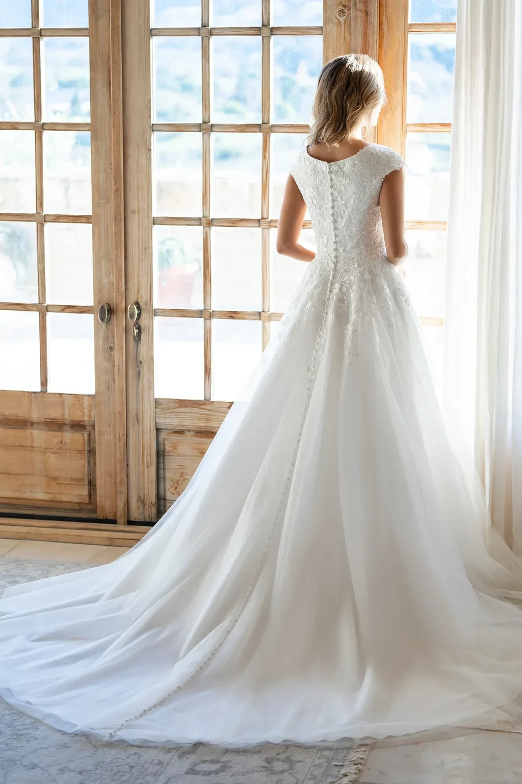 Graceful A Line Scoop Neck Cap Sleeve Button Back Floor Length Wedding Dress