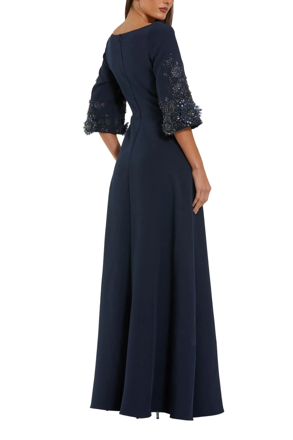 Graceful A Line Square Neck Embellished Three Quarter Sleeve Zipper Back Floor Length Evening Dress