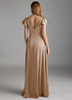 Graceful A-Line V Neck Ruffle Short Sleeve V Back Floor Length Bridesmaid Dress
