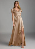 Graceful A-Line V Neck Ruffle Short Sleeve V Back Floor Length Bridesmaid Dress