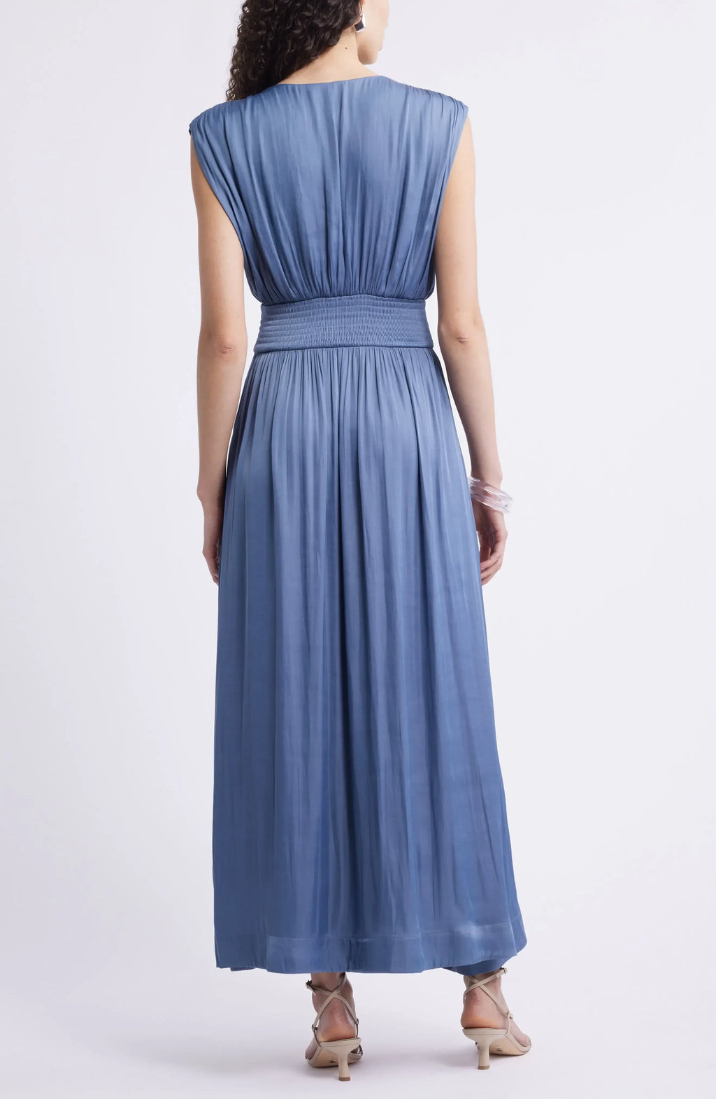 Graceful A Line V Neck Sleeveless Smocked Back Floor Length Evening Dress