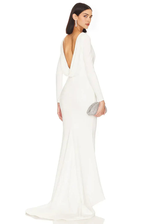 Robe de soirée sirène élégante à encolure bateau, manches longues et dos drapé, longueur ras du sol