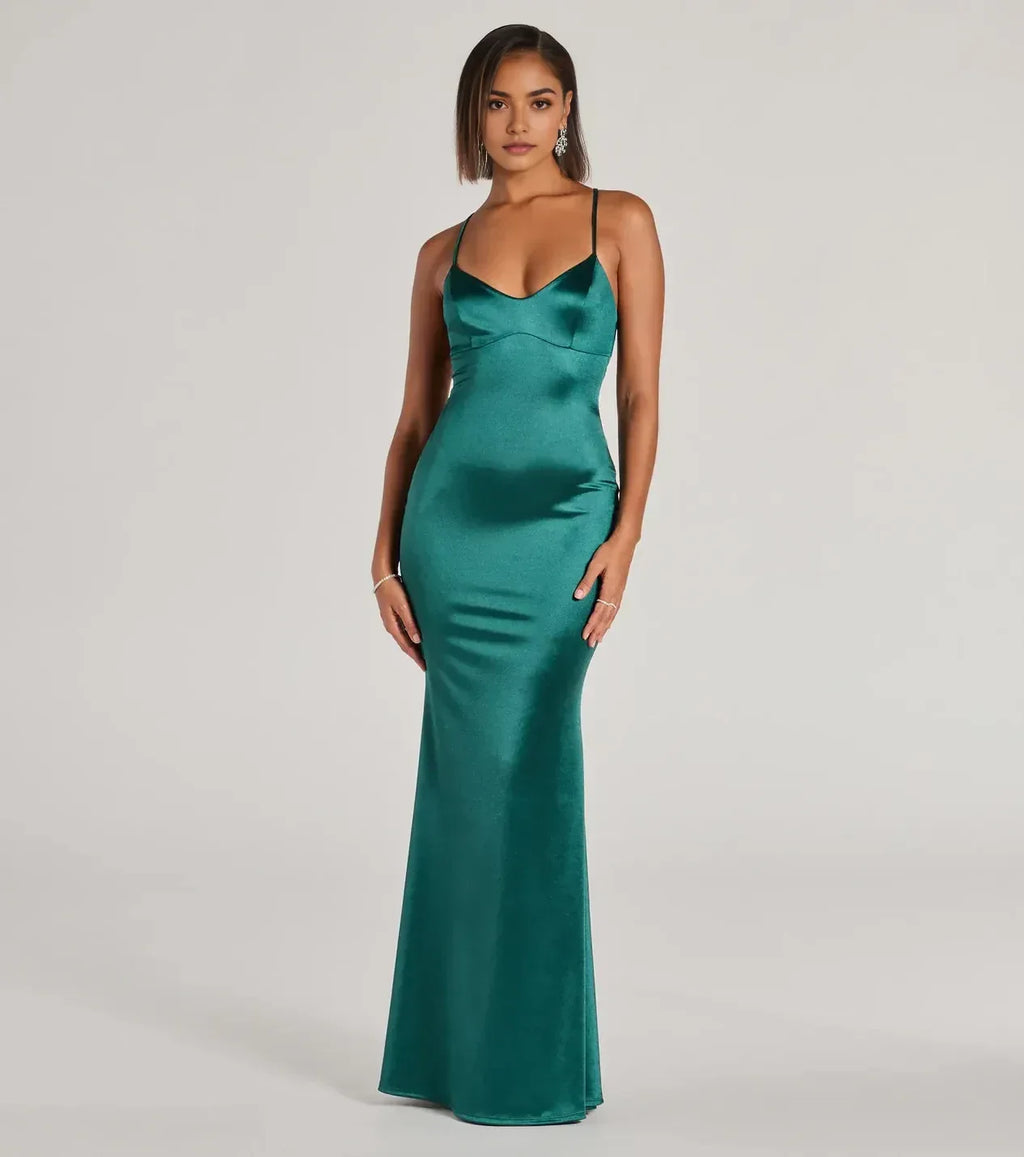 Graceful Mermaid Plunge Neck Spaghetti Strap Crisscross Back Floor Length Prom Dress