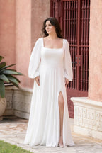 Graceful Plus Size A Line Square Neck Long Sleeve Button Back Floor Length Wedding Dress