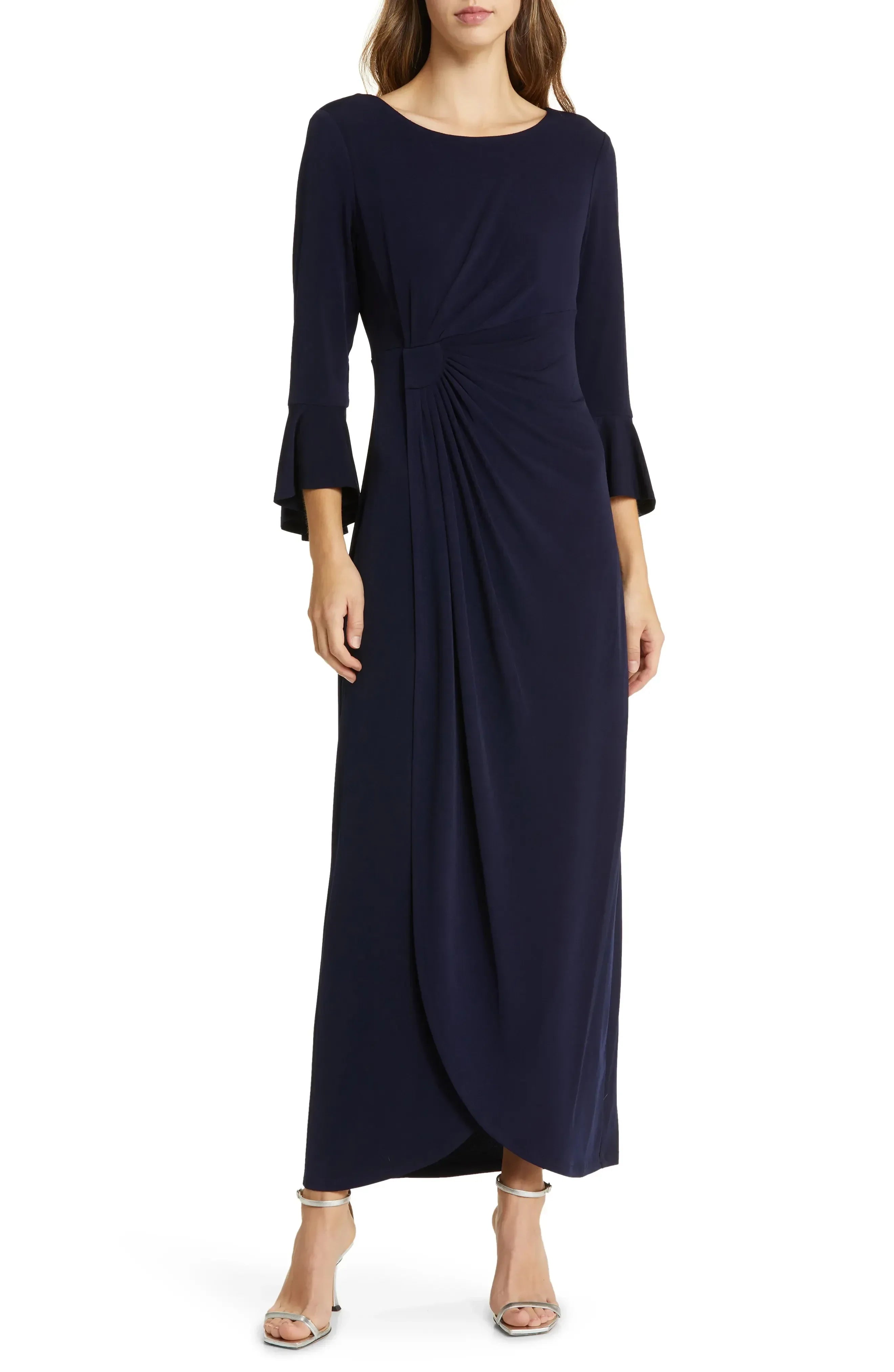 Graceful Sheath Boat Neck Flared Sleeve Solid Back Floor Length Evening Dress