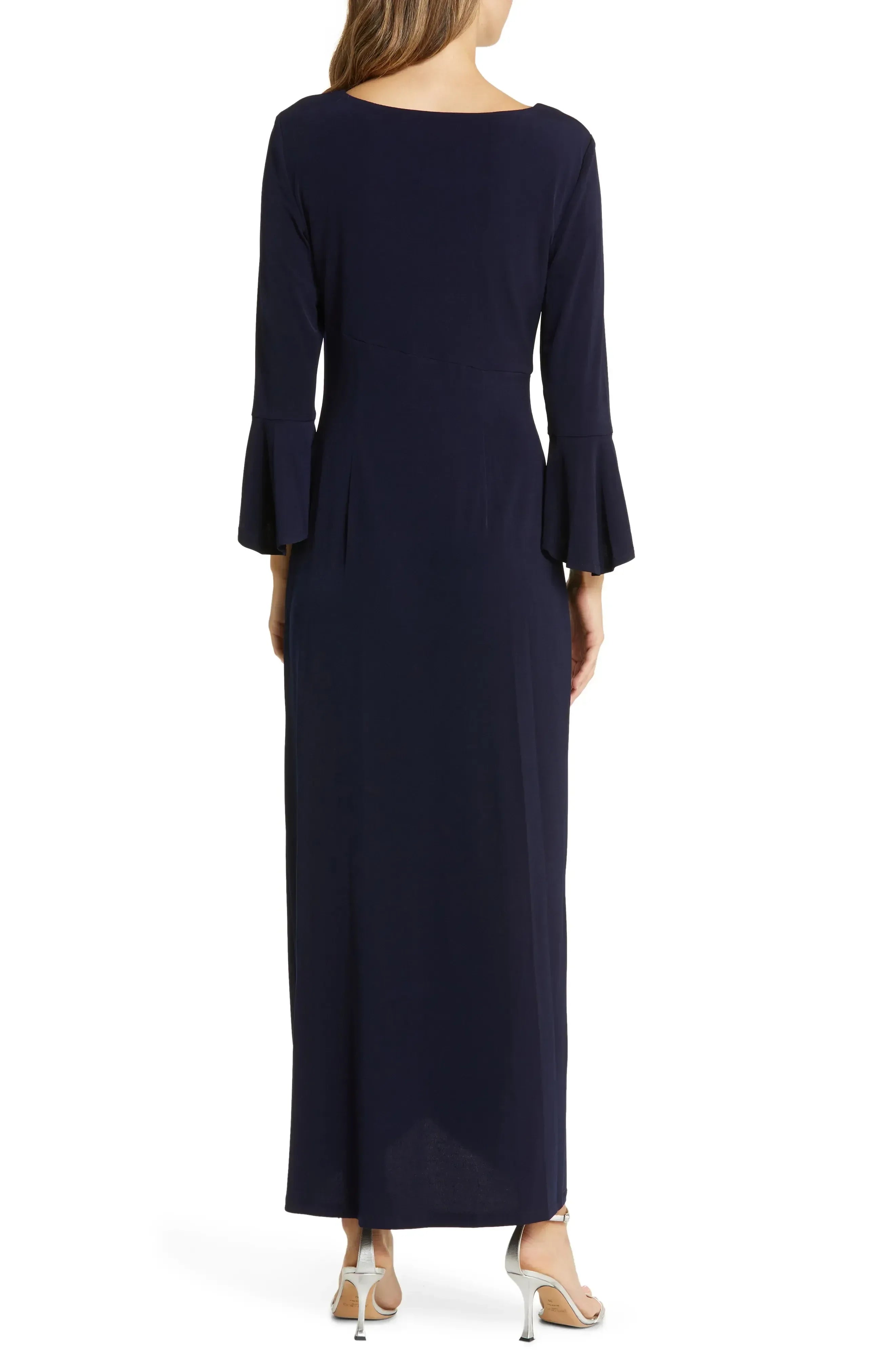 Graceful Sheath Boat Neck Flared Sleeve Solid Back Floor Length Evening Dress