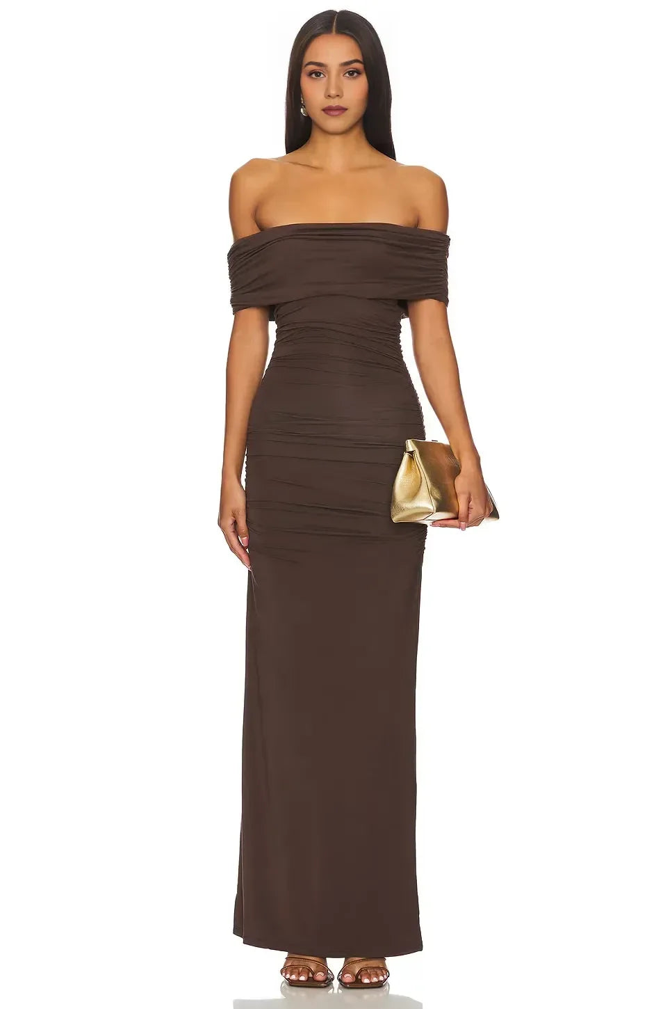 Graceful Sheath Off Shoulder Sleeveless Ruched Bodice Floor Length Evening Dress