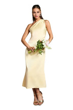 Graceful Sheath One Shoulder Sleeveless Ruched Back Midi Length Evening Dress