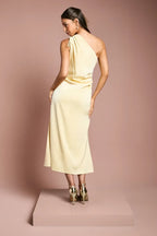Graceful Sheath One Shoulder Sleeveless Ruched Back Midi Length Evening Dress