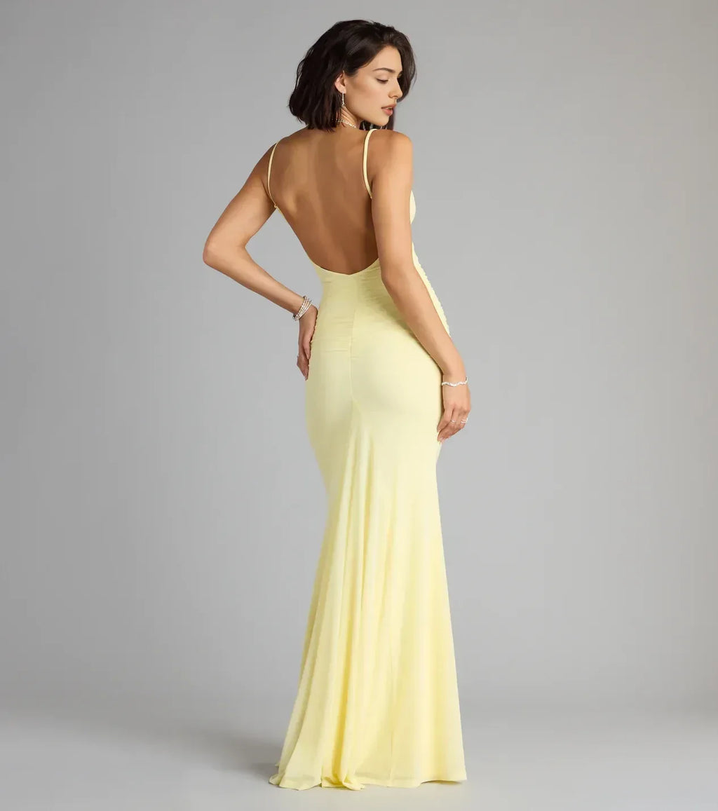 Graceful Trumpet Cowl Neck Spaghetti Strap Open Back Floor Length Prom Dress