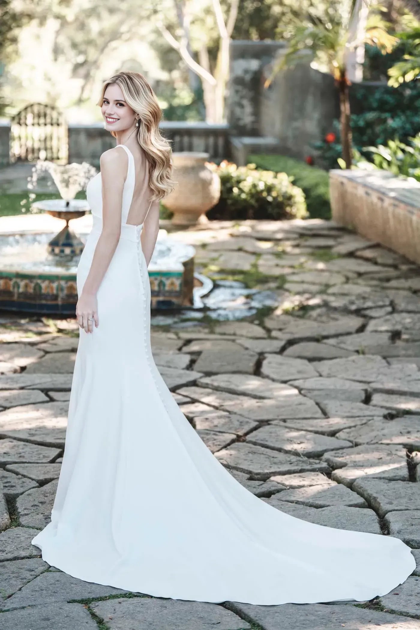 Graceful Trumpet Plunging V Neck Sleeveless Open Back Floor Length Wedding Dress