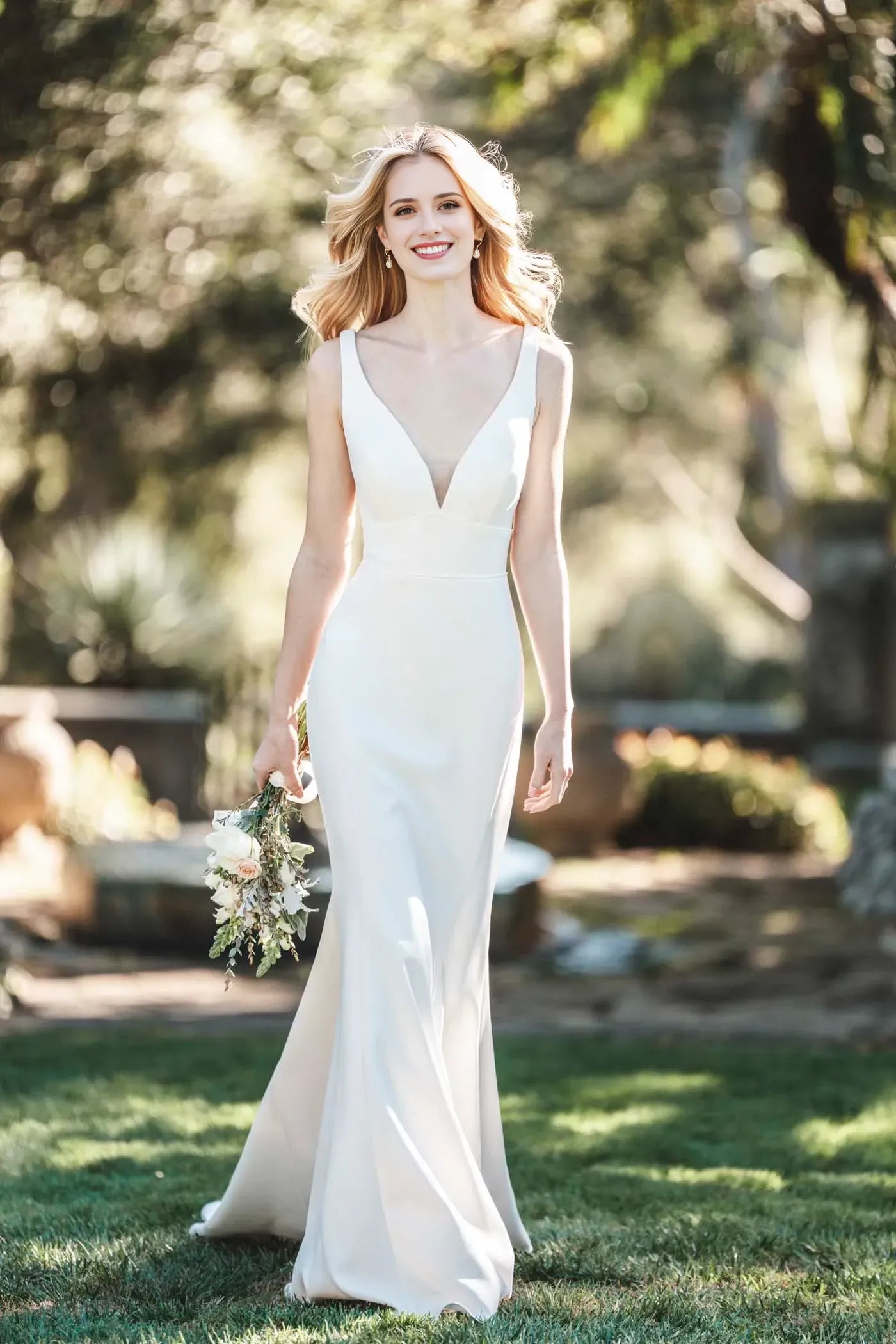 Graceful Trumpet Plunging V Neck Sleeveless Open Back Floor Length Wedding Dress