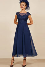 Graceful A-Line Boat Neck Cap Sleeve Appliques Ankle-Length Mother of the Bride Dress