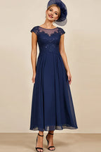 Graceful A-Line Boat Neck Cap Sleeve Appliques Ankle-Length Mother of the Bride Dress
