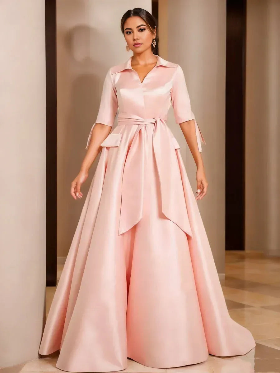 Graceful A-Line Half Sleeves V-Neck Sash Floor-Length Plus Size Mother Of The Bride Dress