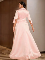 Graceful A-Line Half Sleeves V-Neck Sash Floor-Length Plus Size Mother Of The Bride Dress