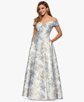 Graceful A-Line Off-The-Shoulder Sleeveless Pleated Metallic Floor-Length Prom Dress