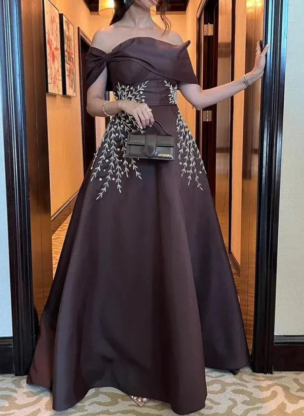 Graceful A-Line Off-The-Shoulder Sleeveless Pleated Floor-Length Prom Dress