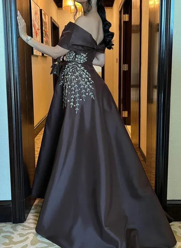 Graceful A-Line Off-The-Shoulder Sleeveless Pleated Floor-Length Prom Dress