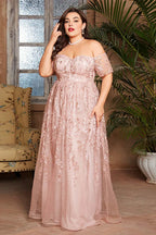 Graceful A-Line Off the Shoulder Short Sleeve Appliques Floor-Length Plus Size Mother of the Bride Dress
