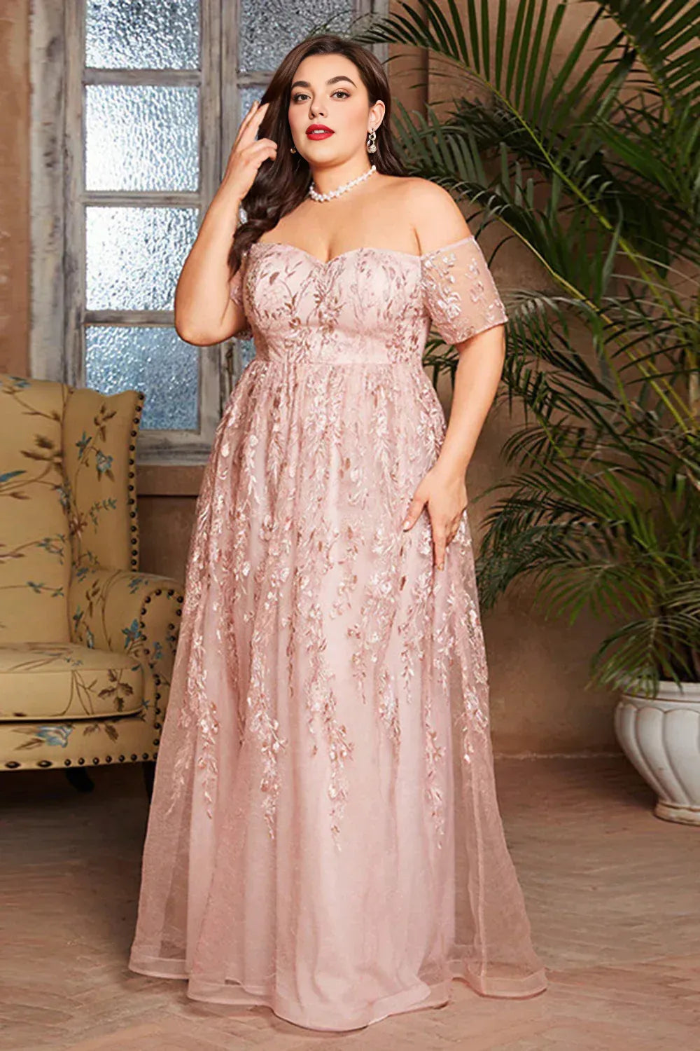 Graceful A-Line Off the Shoulder Short Sleeve Appliques Floor-Length Plus Size Mother of the Bride Dress
