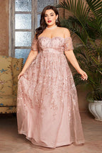 Graceful A-Line Off the Shoulder Short Sleeve Appliques Floor-Length Plus Size Mother of the Bride Dress