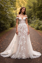 Graceful A-Line Off the Shoulder Sleeveless Appliques Sweep Train Wedding Dress