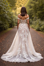 Graceful A-Line Off the Shoulder Sleeveless Appliques Sweep Train Wedding Dress