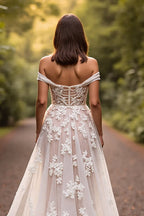 Graceful A-Line Off the Shoulder Sleeveless Appliques Sweep Train Wedding Dress