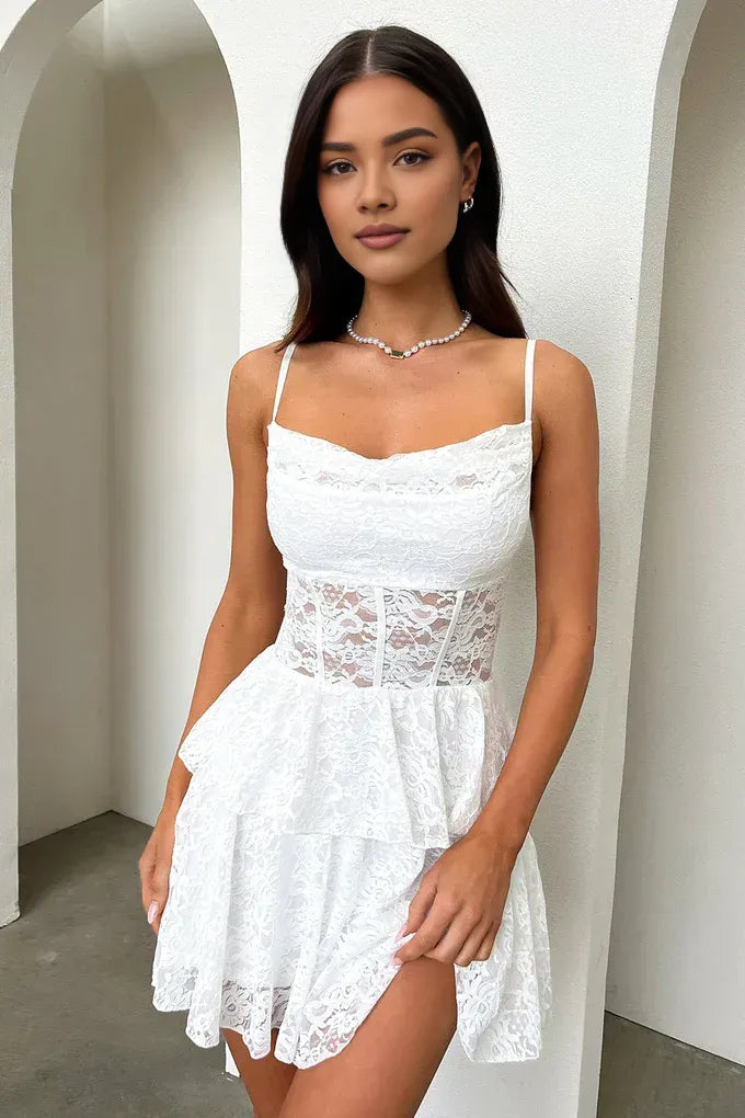 Graceful A-Line Spaghetti Straps Sleeveless Tiered Short-Mini Homecoming Dress
